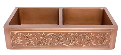 Vine Design Double-Bowl Copper Farmhouse Sink - Smooth Interior