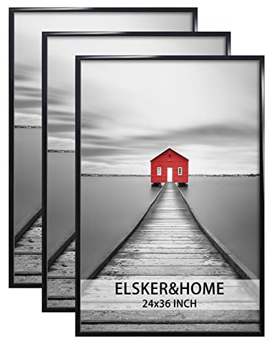 ELSKER&HOME 24x36 Poster Frame 3 Pack, Black Picture Frame for Horizontal or Vertical Wall Mounting, Durable and Scratch-proof