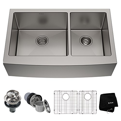 Kraus KHF203-33 Standart PRO Kitchen Stainless Steel Sink, 32.88', 33 Inch Round Apron 60/40 Double Bowl