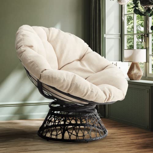 Bme Ergonomic Wicker Papasan Chair Soft Thick Density Fabric Cushion and High Capacity Steel Frame with 360 Degree Swivel for Livingroom, Bedroom, Reading Room, Leisure Lounge, Sepia Sand (Beige)